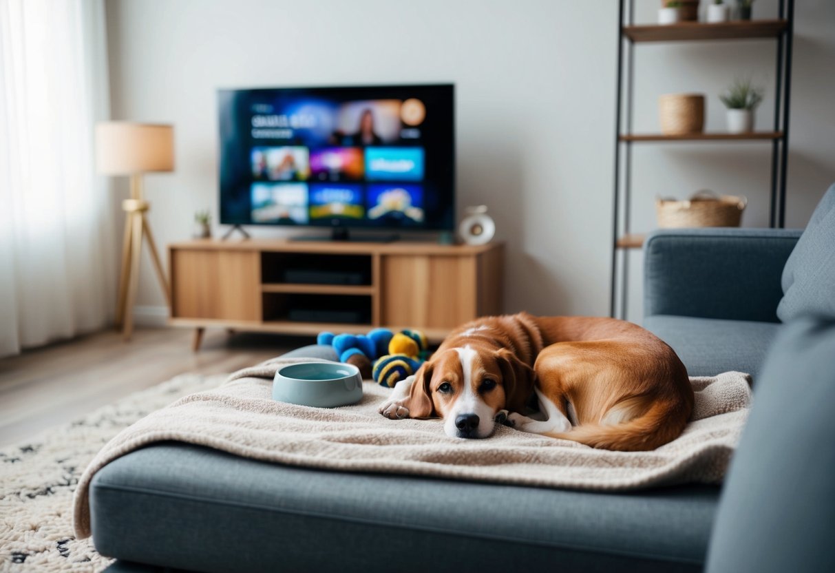 A cozy living room with a TV playing calming shows, a dog curled up on a soft blanket, surrounded by toys and a bowl of water