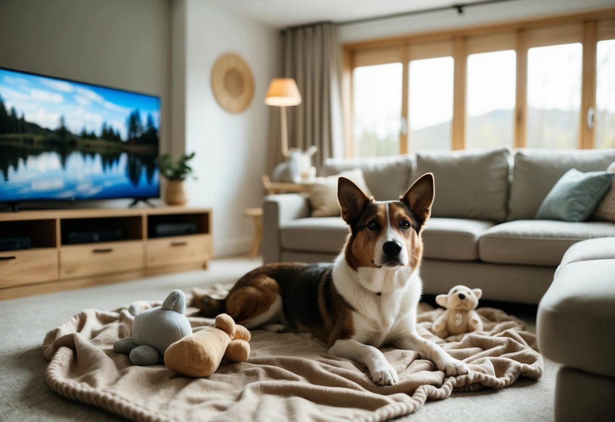 A cozy living room with a dog lying on a soft blanket, surrounded by plush toys, watching a TV showing calming nature scenes or soothing music