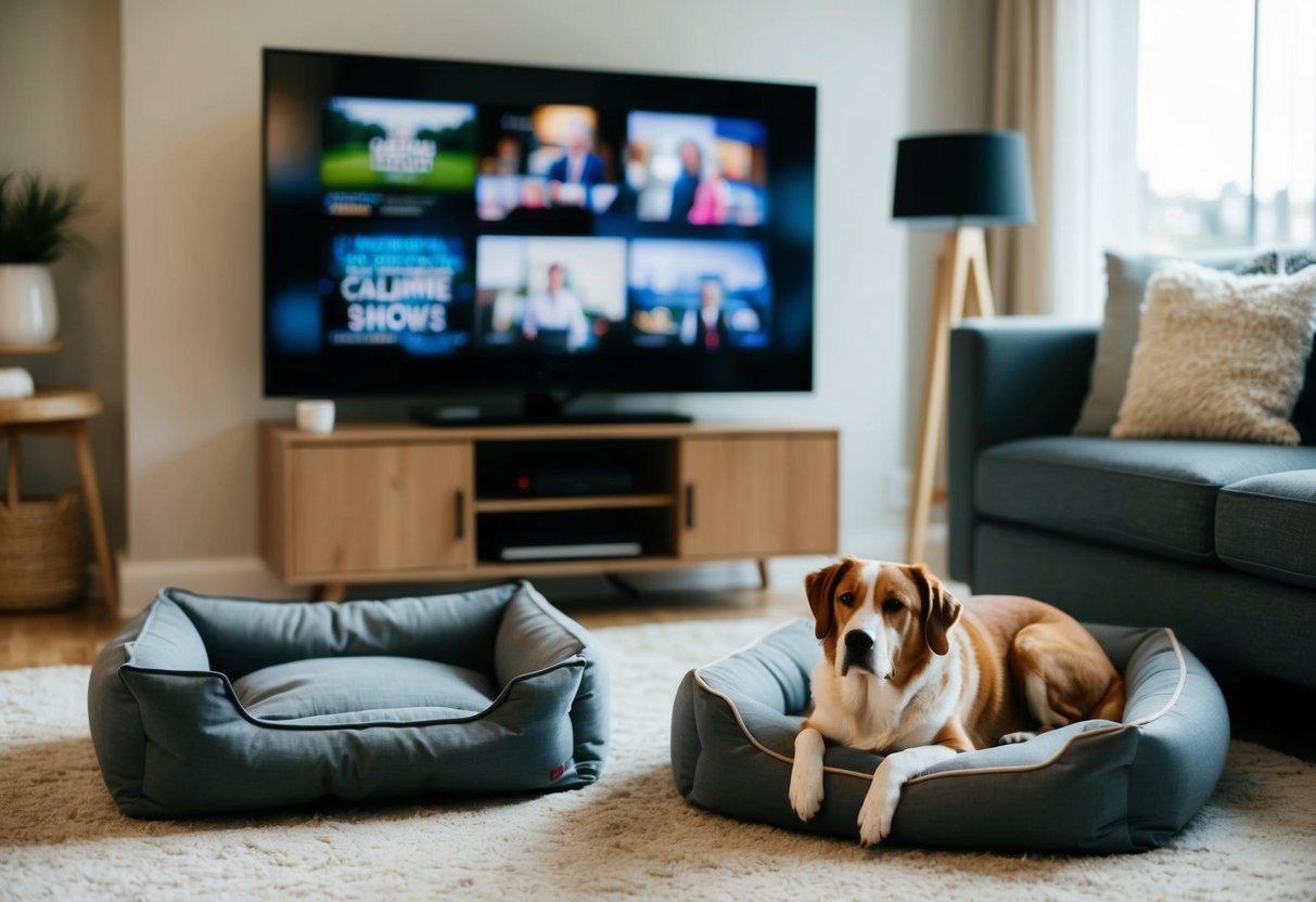 A cozy living room with a TV playing calming shows, a comfy dog bed, and a relaxed dog peacefully watching the screen