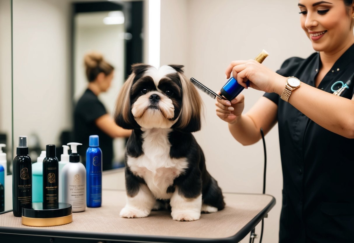A Shih Tzu sitting on a grooming table, surrounded by luxurious hair products and getting a stylish haircut from a professional groomer