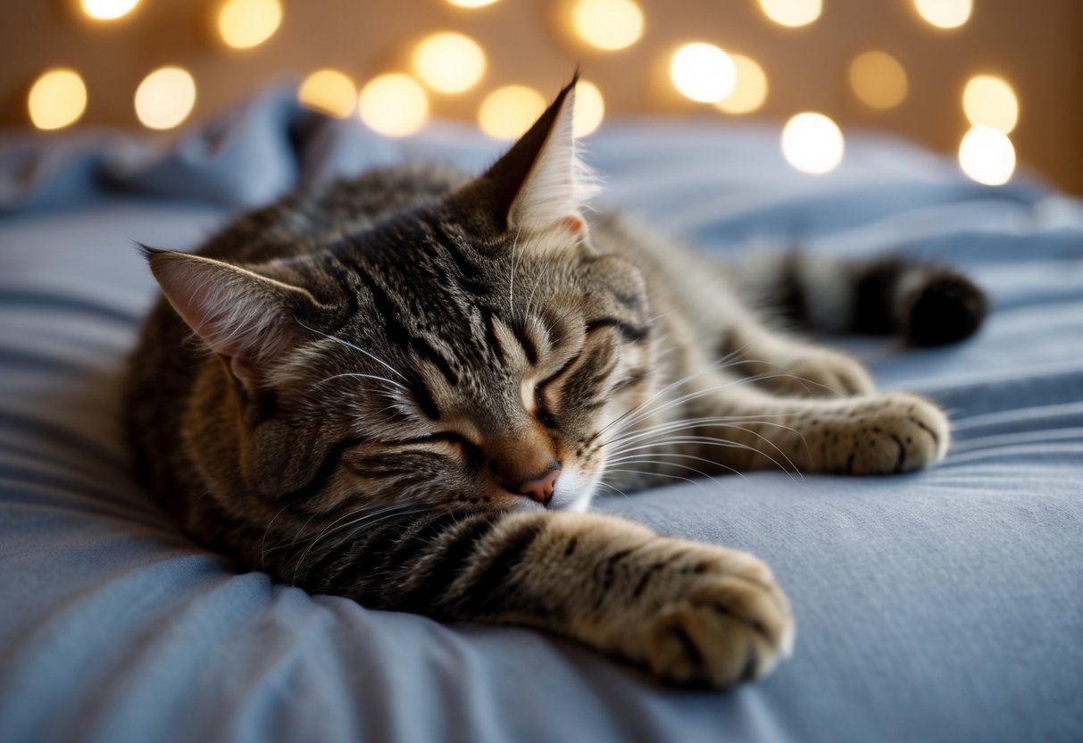 A sleeping cat twitches its paws and tail while curled up in a cozy bed