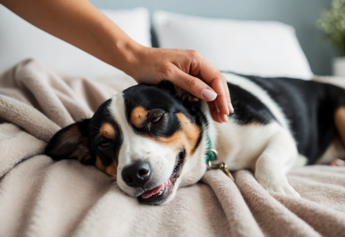 A hand petting a happy dog with black, white, and tan fur on a bed