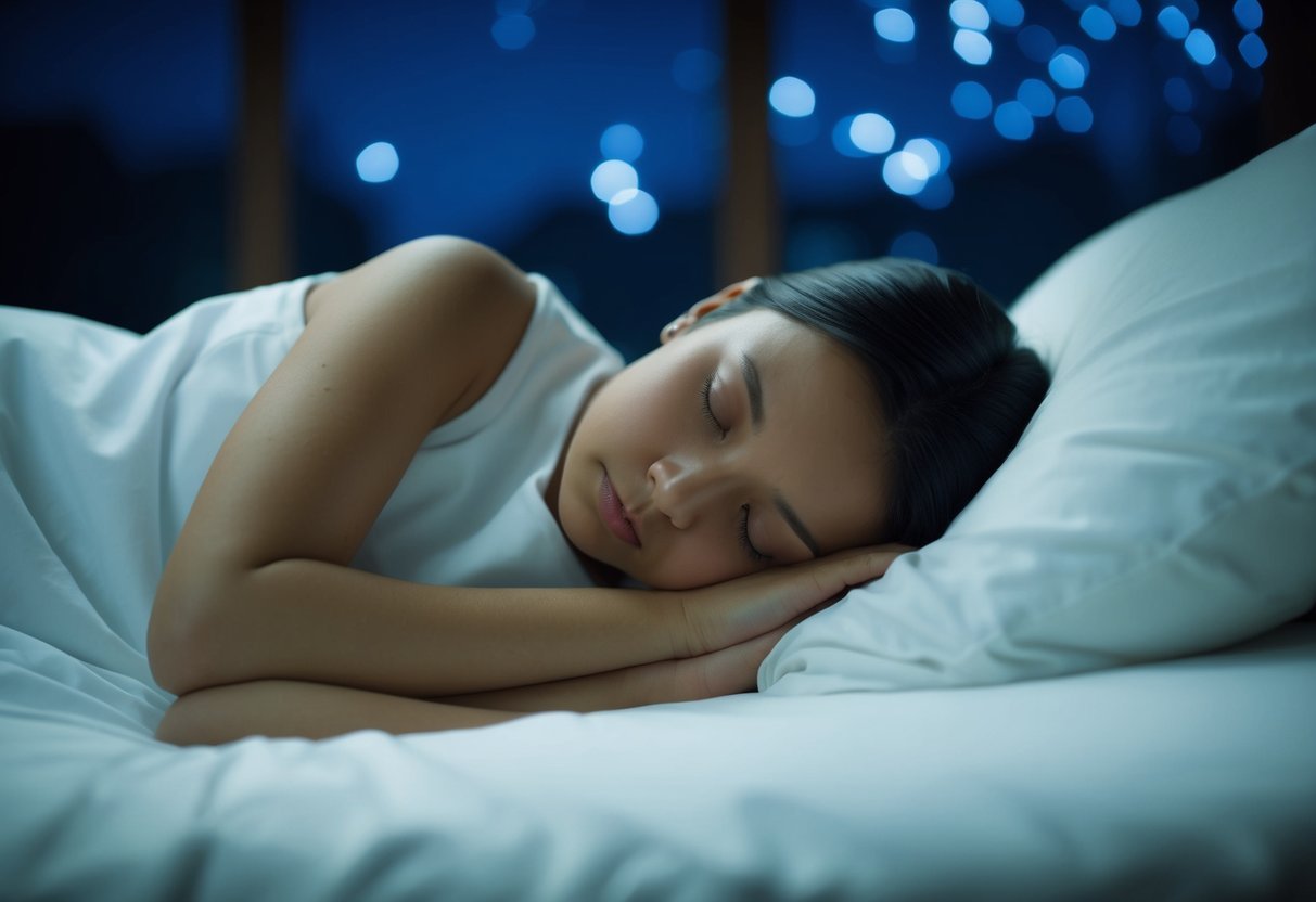 A sleeping figure with subtle, rhythmic twitches, surrounded by a peaceful and serene nighttime setting