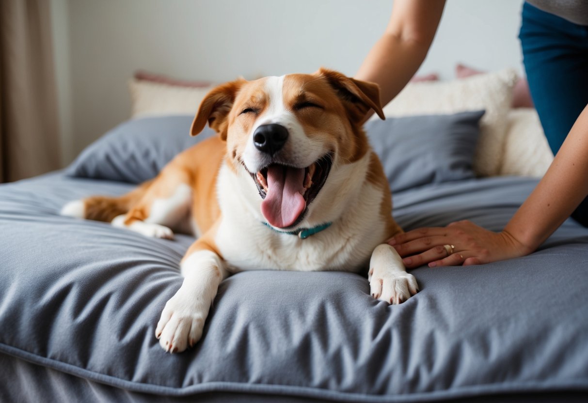 A dog lying on a cozy bed, eyes half-closed, while being gently petted by a person.</p><p>The dog lets out a big yawn, showing its teeth and tongue