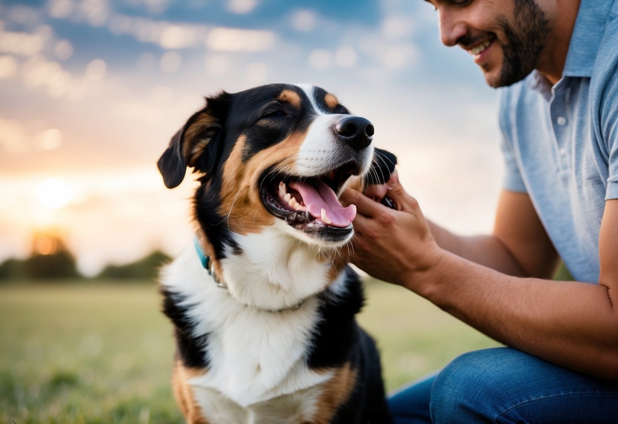 A dog yawning while being petted by its owner, with a relaxed and content expression on its face