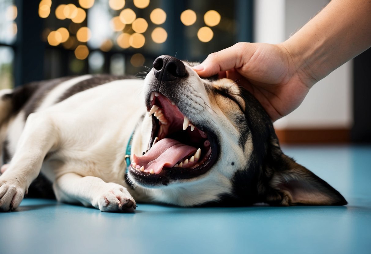 A dog lying on its side, eyes closed, with a human hand gently petting its head.</p><p>The dog's mouth is open in a wide yawn, showing its tongue and teeth