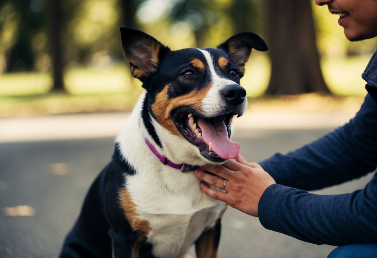 A dog sitting with its head tilted slightly, eyes half-closed, and mouth open in a wide yawn as someone pets its back