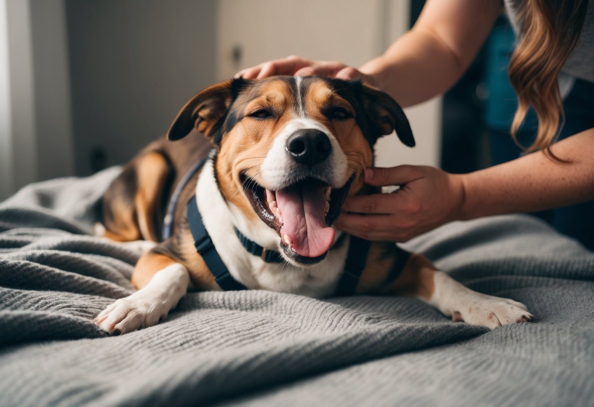 A dog lying on a cozy blanket, eyes half-closed, while being gently petted by a figure off-screen.</p><p>The dog's mouth is open in a wide yawn, showing its teeth and tongue