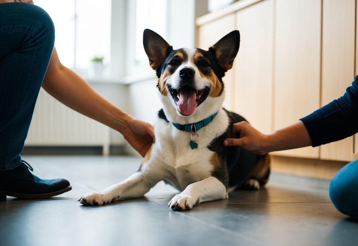 A dog sitting on the floor, being pet by someone.</p><p>The dog is yawning while enjoying the attention