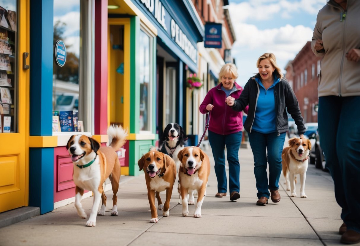 Two women walking several dogs on a colorful city sidewalk