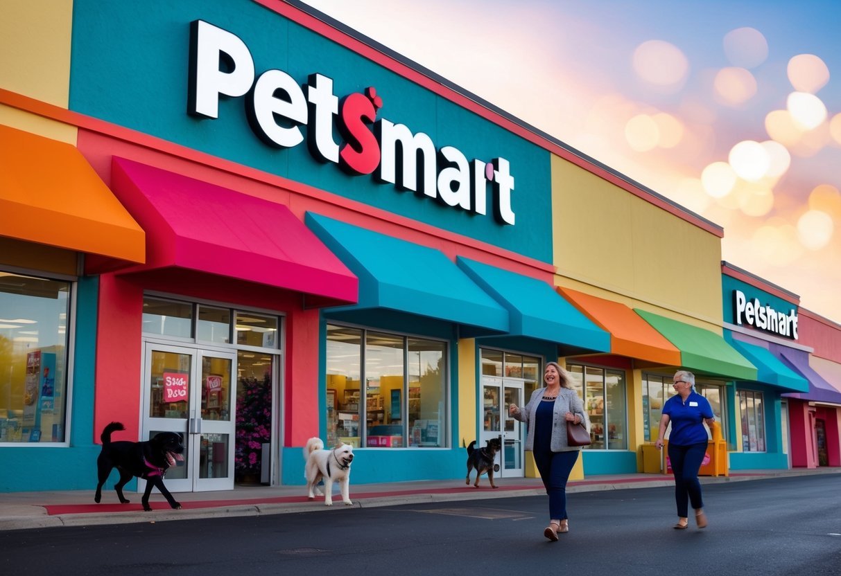 A row of colorful PetSmart storefronts with happy dogs entering