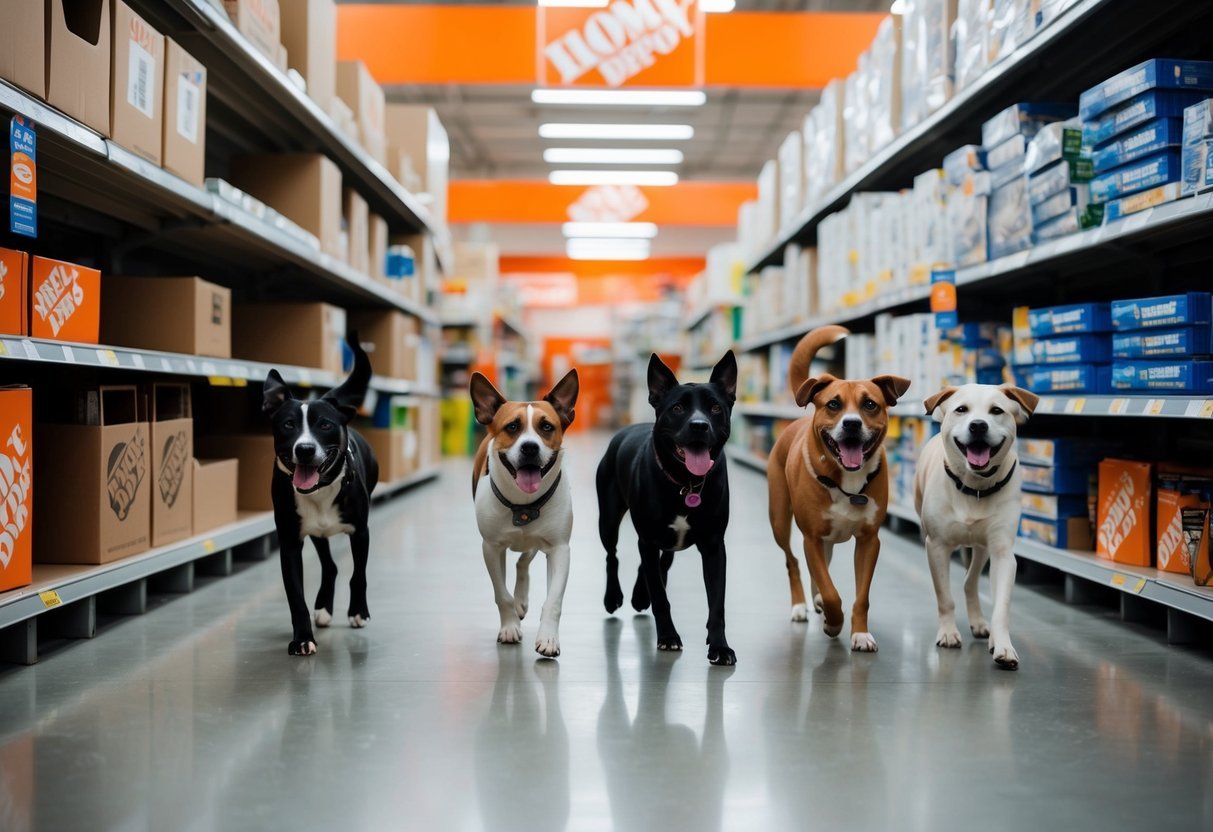 A pack of dogs roam freely among aisles of Home Depot, tails wagging as they explore the pet-friendly store