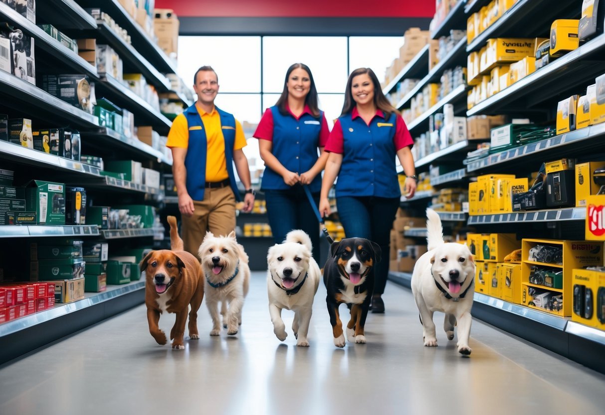 A group of dogs happily explore a well-stocked hardware store with friendly staff and pet-friendly amenities