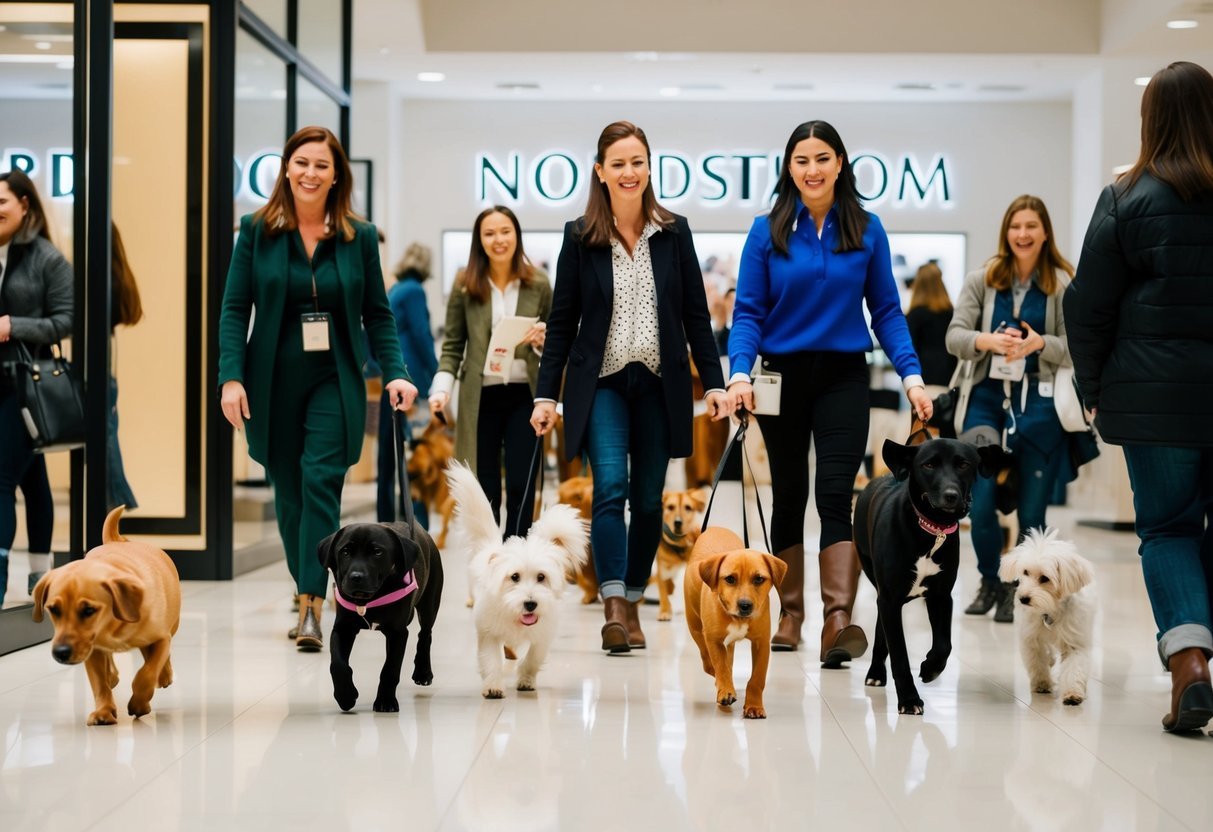 Dogs happily explore Nordstrom stores, wagging tails and sniffing around.</p><p>Staff and customers smile as pups roam freely