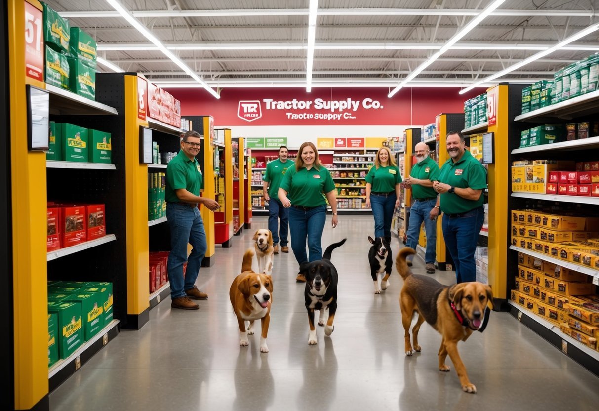Seven Tractor Supply Co. stores with dogs happily exploring aisles and greeting friendly staff