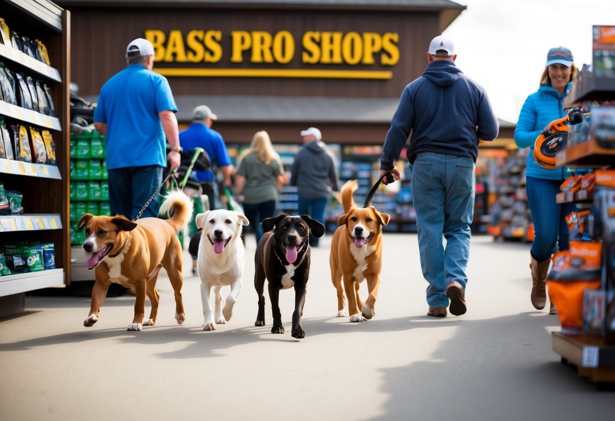 A group of dogs happily explore the outdoor section of a Bass Pro Shops store, wagging their tails and sniffing around as their owners browse the merchandise