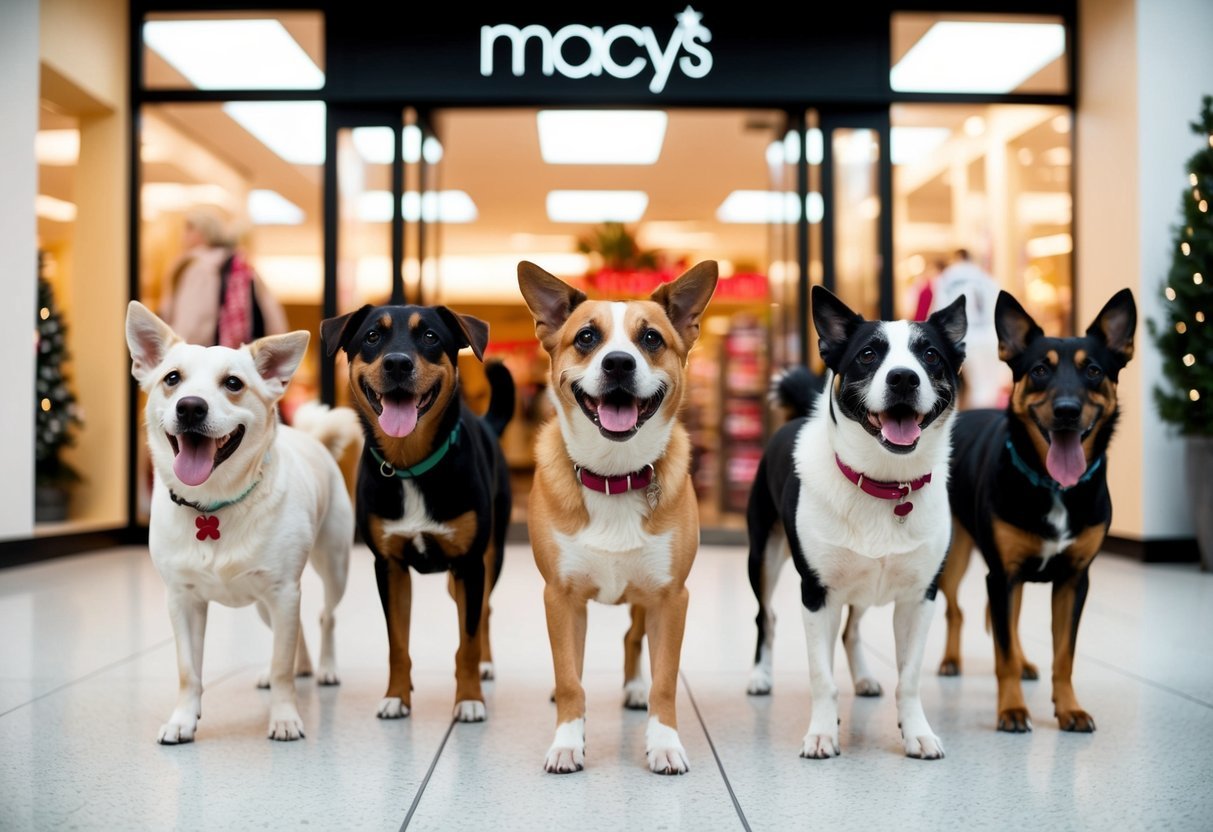 A group of happy dogs with wagging tails and excited expressions enter a welcoming and dog-friendly Macy's store