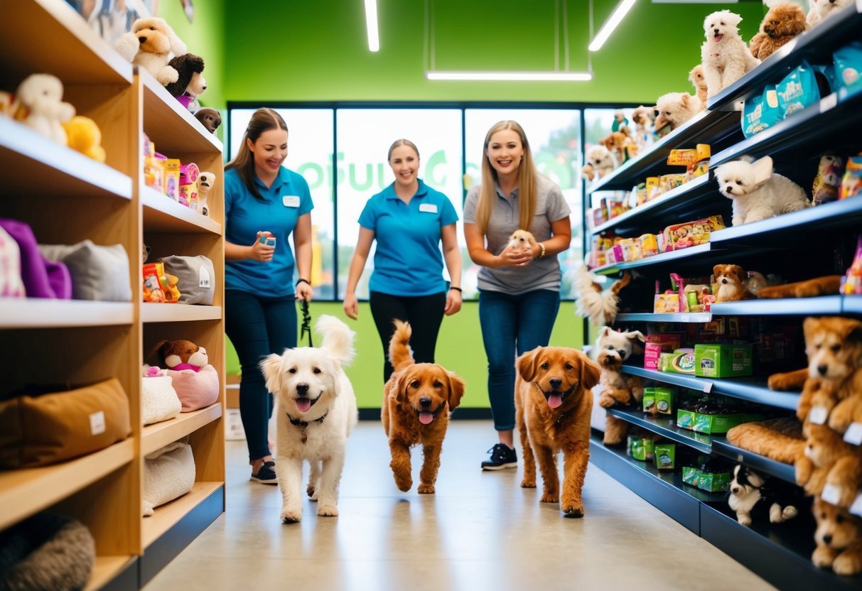 Dogs happily explore a pet store, wagging tails and sniffing shelves of treats, toys, and cozy beds.</p><p>Store employees greet furry customers with smiles and pets