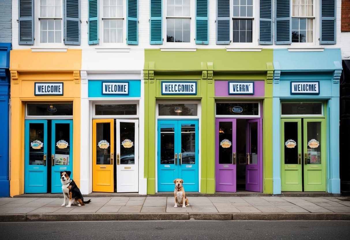 A row of seven colorful storefronts with open doors, each adorned with a welcoming sign and a friendly dog sitting or standing nearby
