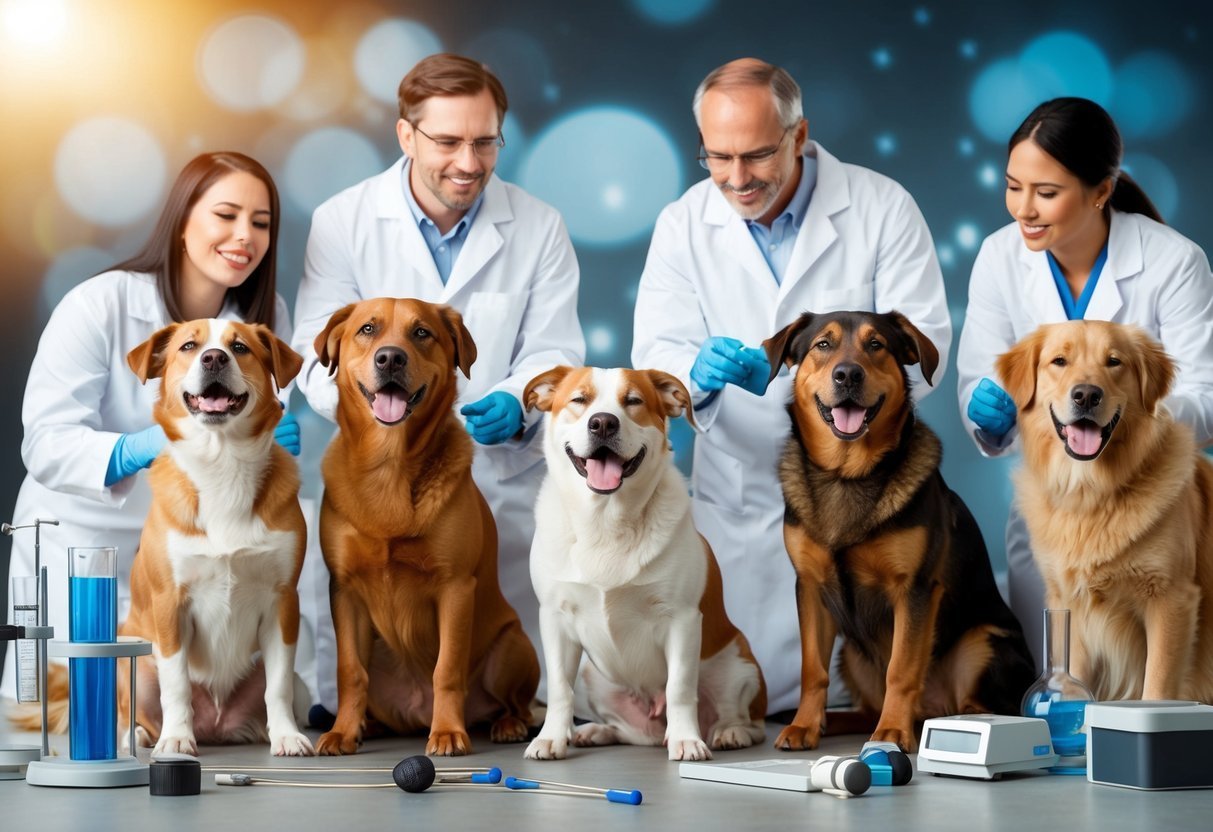 Five dogs and scientists in lab coats smiling, with lab equipment