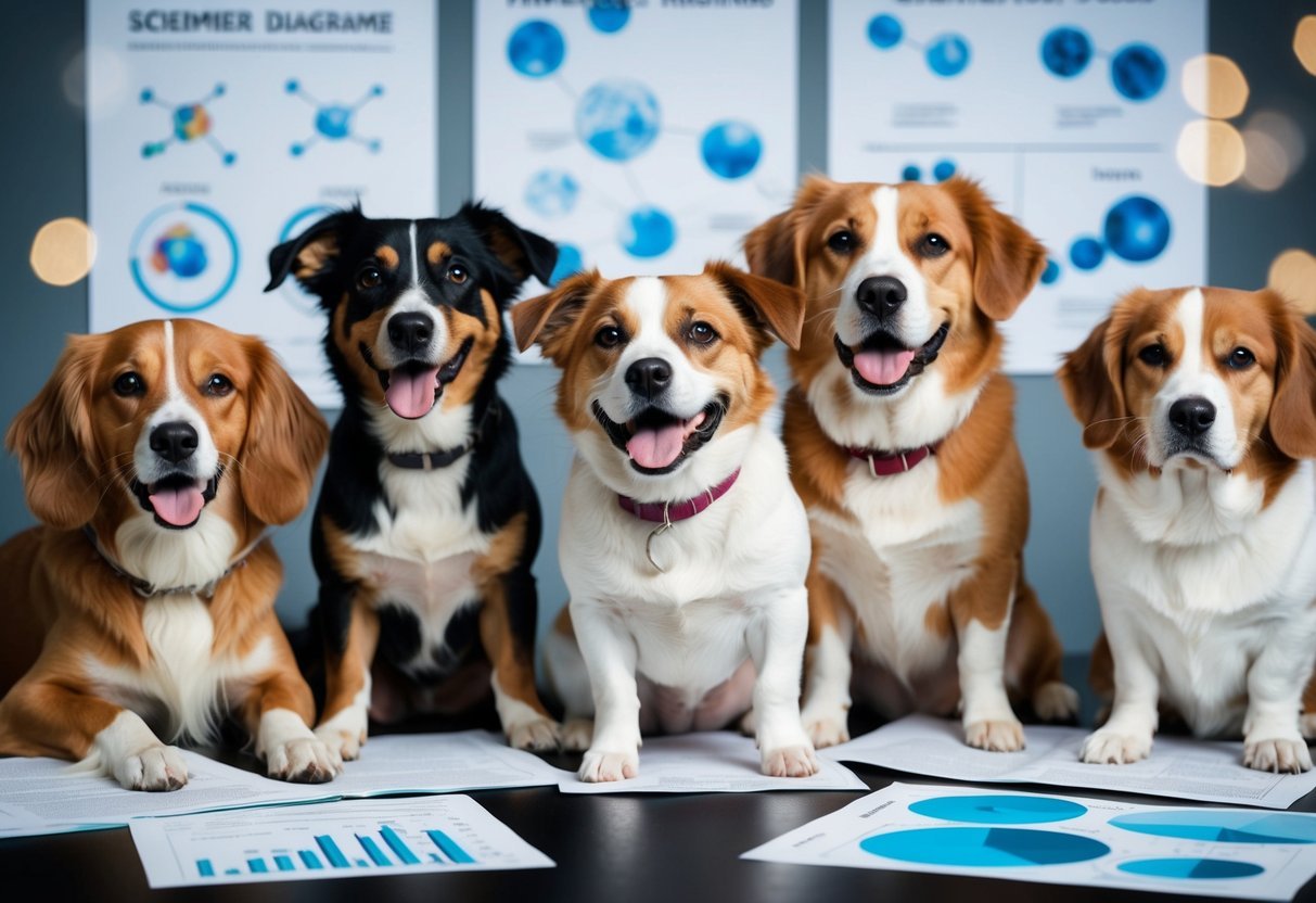 A group of dogs with various expressions, from happy to sad, surrounded by scientific diagrams and research papers