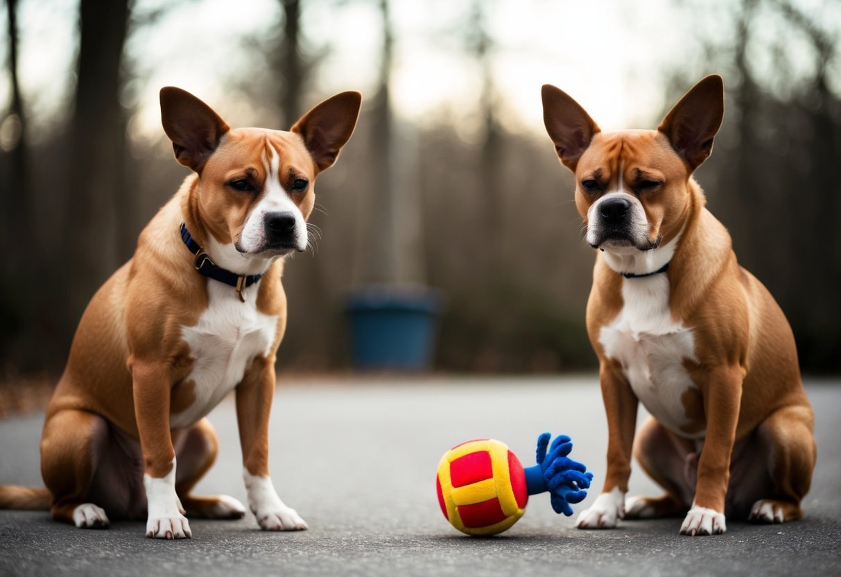 Two dogs sitting side by side, one with a toy and the other looking longingly at it.</p><p>The jealous dog's ears are flattened and it has a tense, unhappy expression