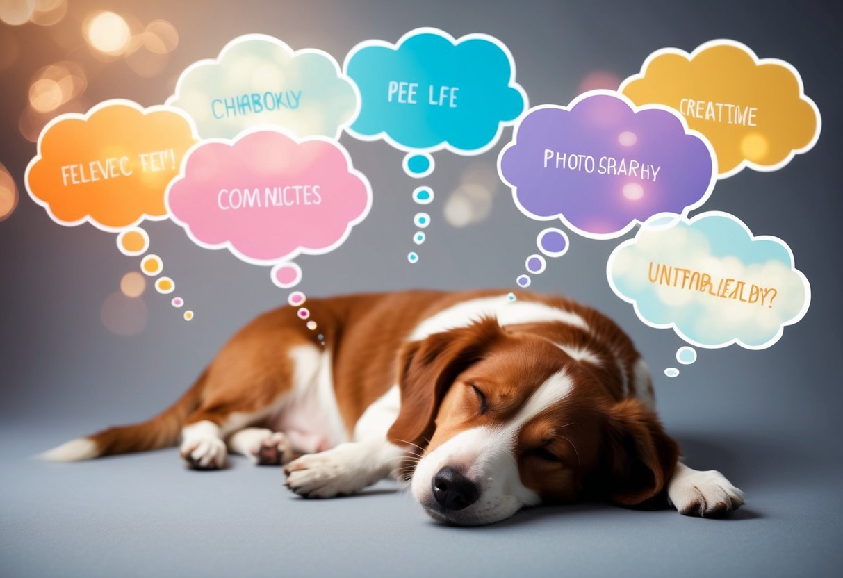 A sleeping dog surrounded by colorful thought bubbles depicting various emotions