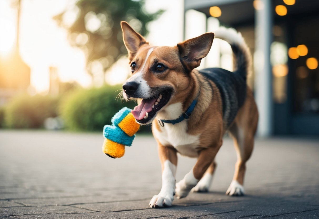 A happy dog playing with a squeaky toy, wagging its tail and barking with excitement