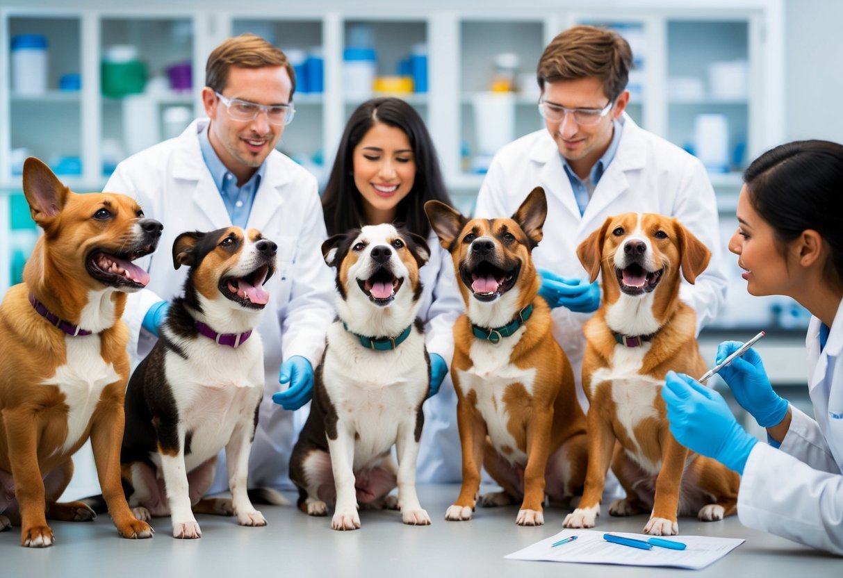 A group of dogs displaying various emotions, such as joy, fear, and curiosity, while being observed and studied by scientists in a laboratory setting