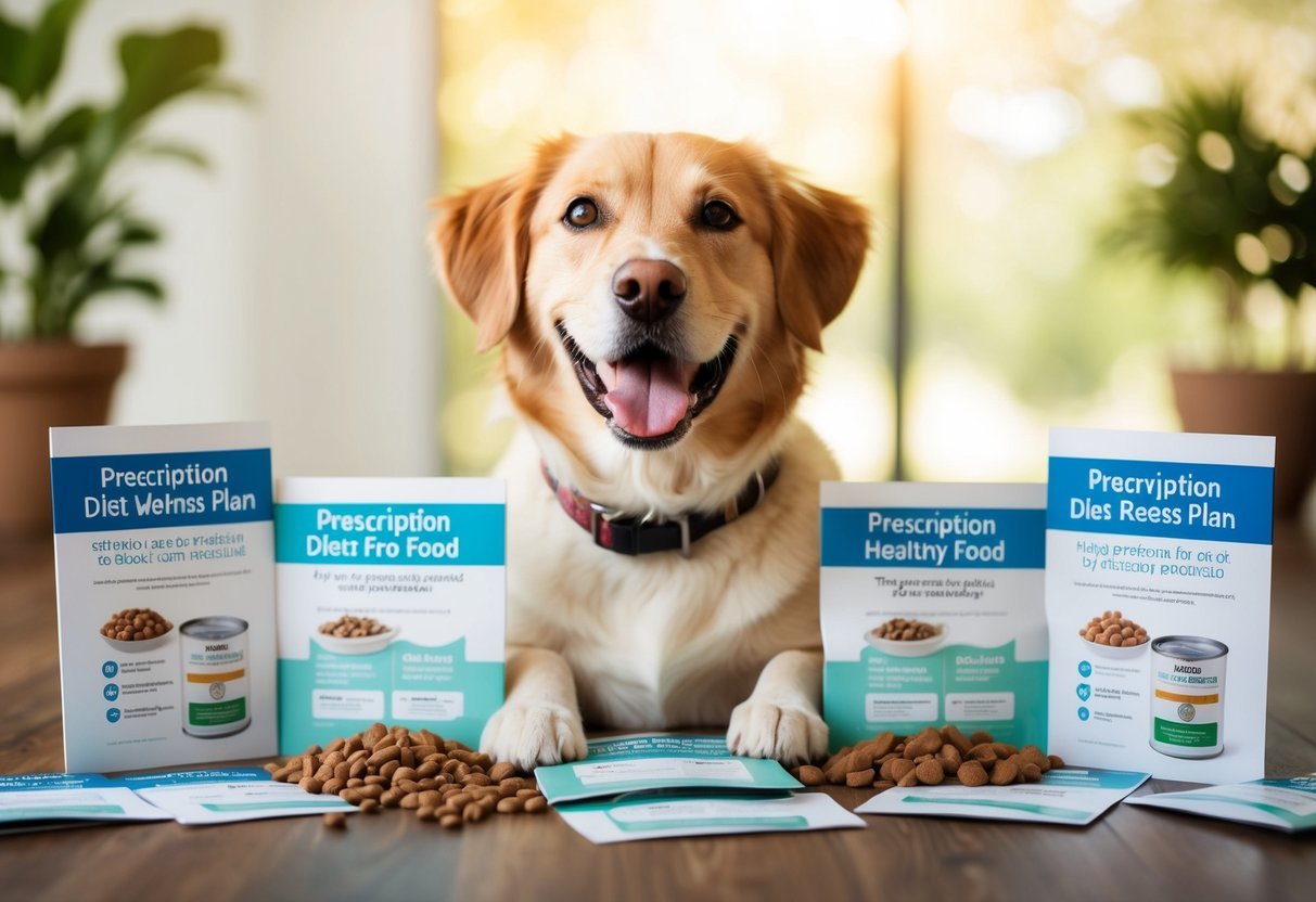 A happy, healthy pet surrounded by prescription diet food and wellness plan brochures