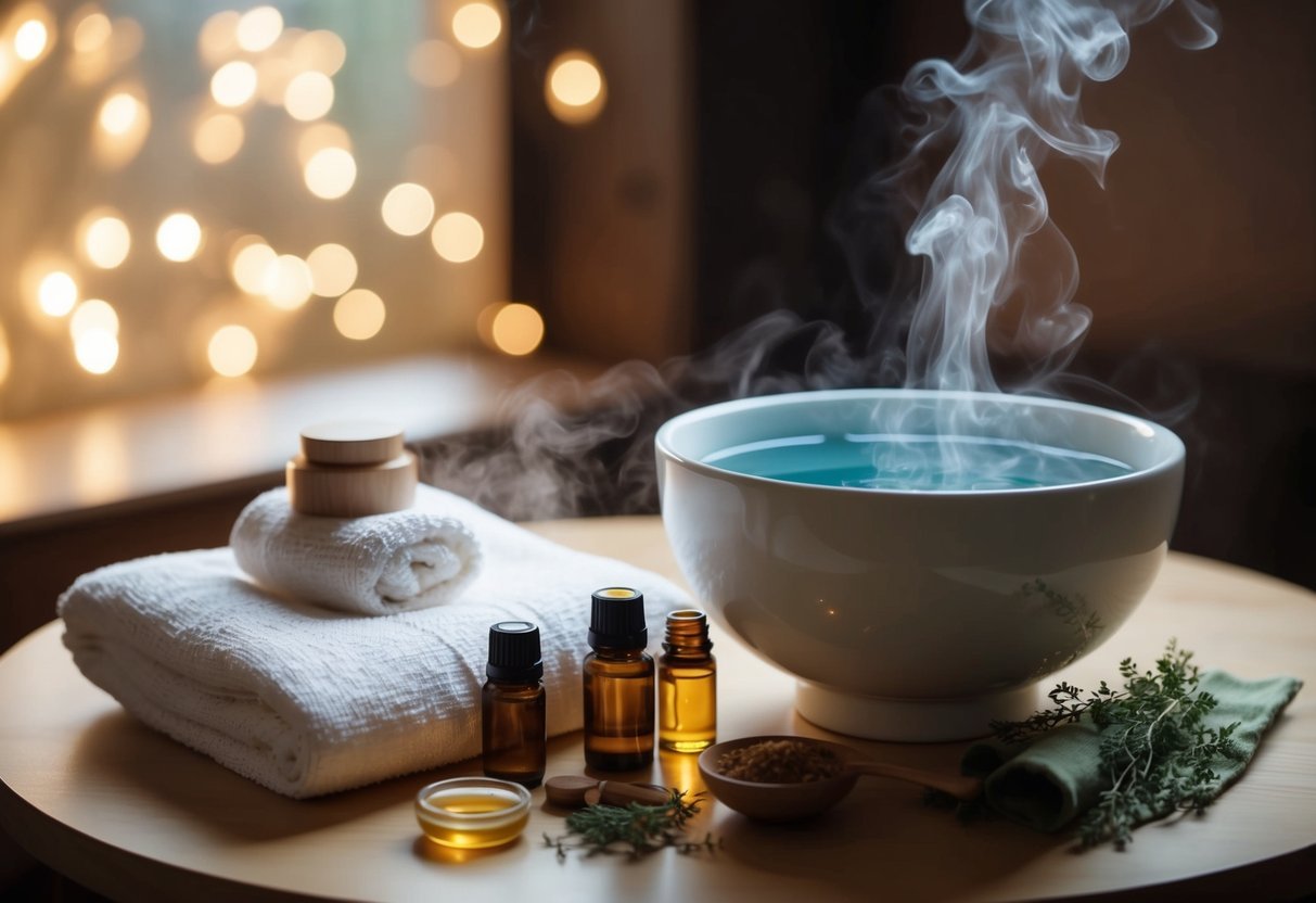 A cozy, dimly lit room with a steaming bowl of water and a soft towel laid out on a table, surrounded by soothing essential oils and herbal remedies