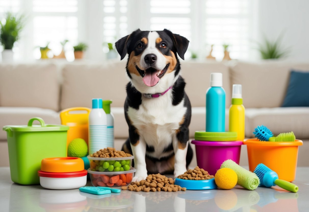 A happy, healthy pet surrounded by various pet care items, including food, toys, and grooming supplies