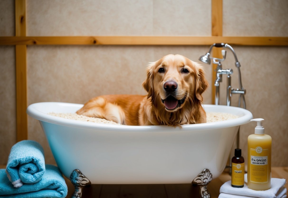 A golden retriever lounges in a bathtub filled with soothing oatmeal, surrounded by bottles of dog shampoo and towels.</p><p>The dog's fur is wet, and a look of contentment is on its face
