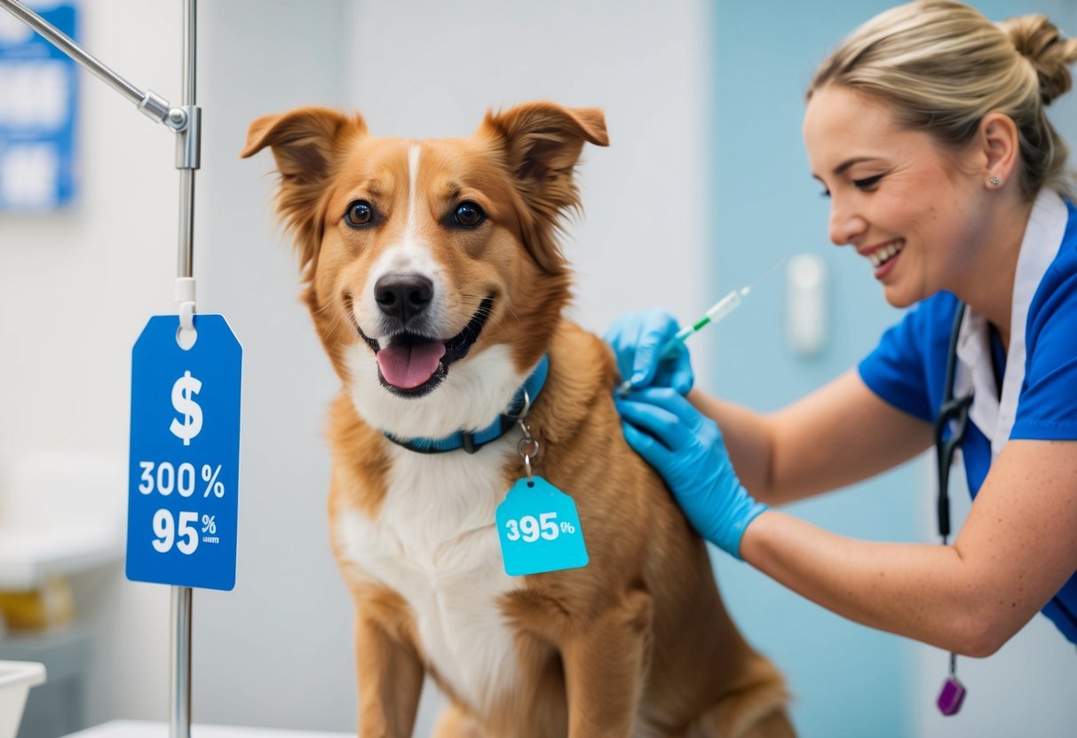 A smiling dog receiving a vaccination at a veterinary clinic, with a price tag showing a discounted rate