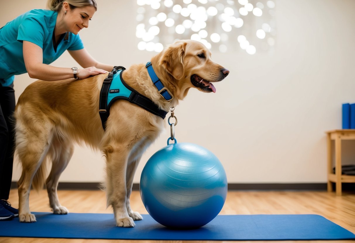 A golden retriever wearing a harness stands on a therapy ball while a therapist guides its tail through a series of gentle stretches and exercises