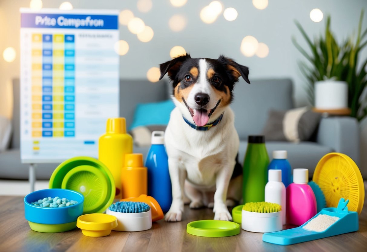 A happy, healthy pet surrounded by various pet care items, with a price comparison chart in the background
