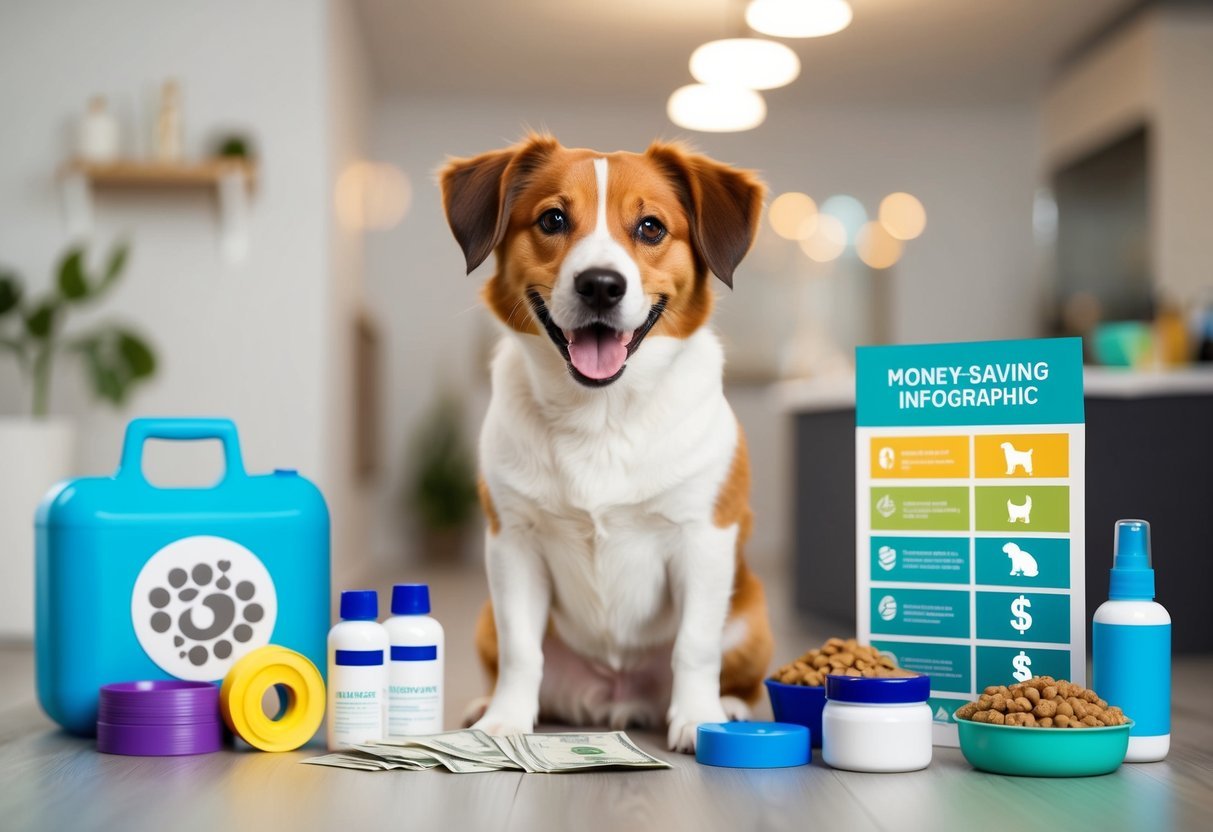 A happy, healthy pet with a wagging tail and shiny coat, surrounded by various pet care items and a money-saving infographic