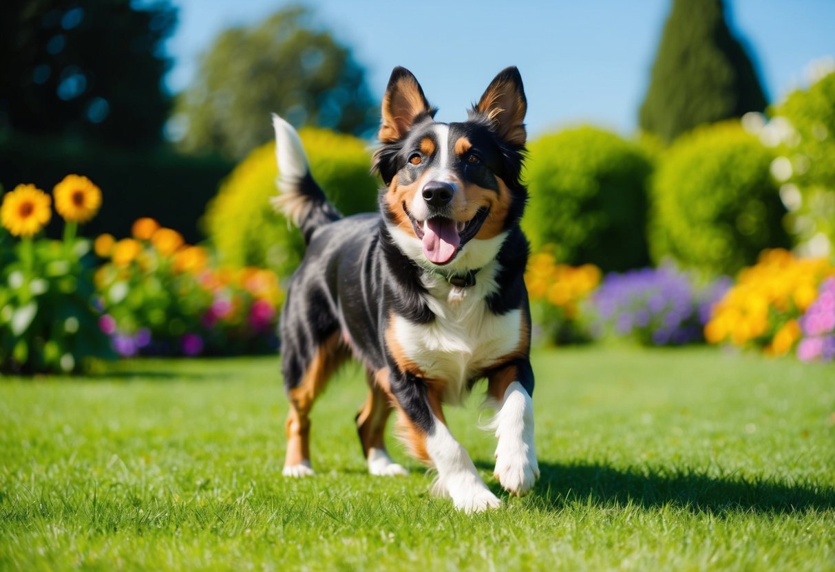 A happy dog with shiny, moisturized skin plays in a lush, green garden surrounded by colorful flowers and clear, blue skies