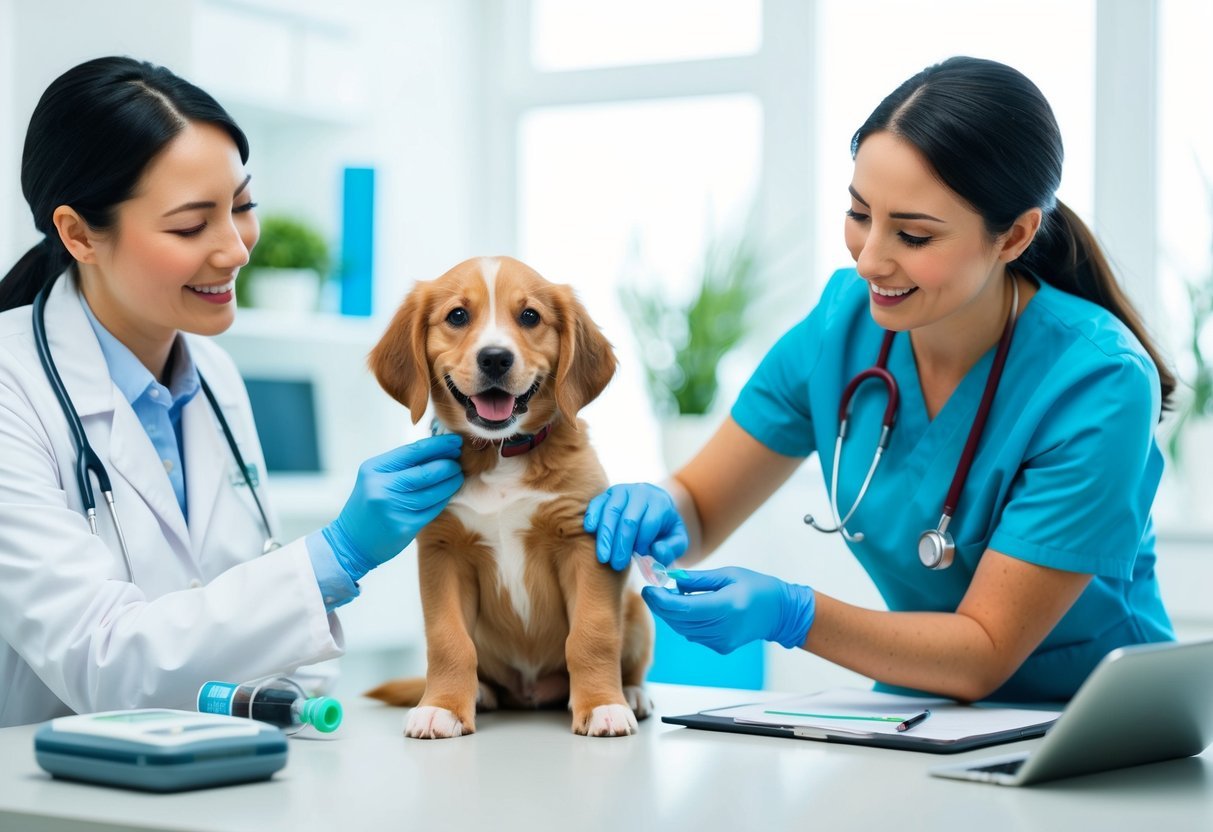 A playful puppy receiving a DHLPP vaccine from a veterinarian in a bright and clean clinic setting, surrounded by medical equipment and a caring assistant