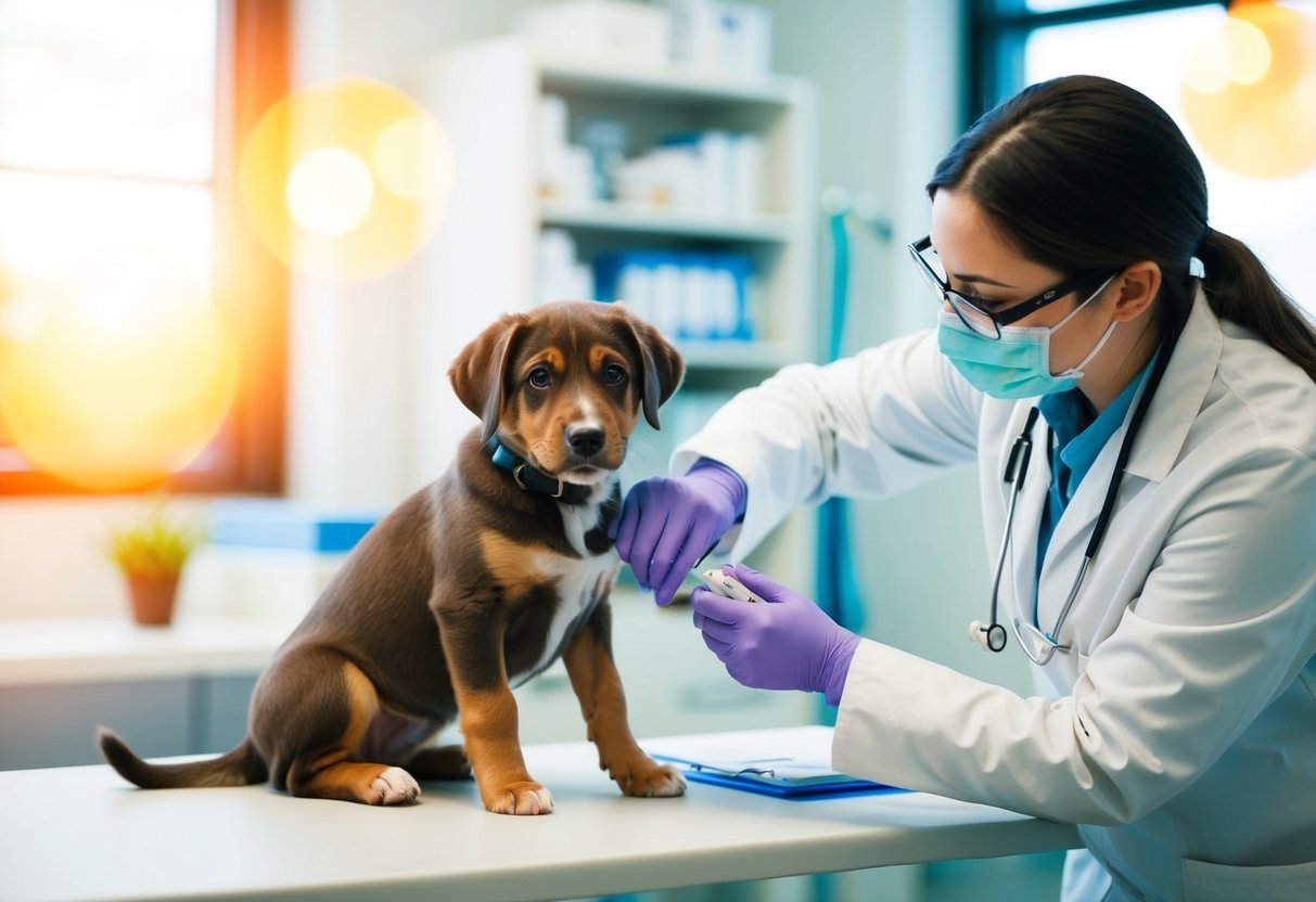 A veterinarian administering a canine influenza vaccine to a puppy in a brightly lit exam room