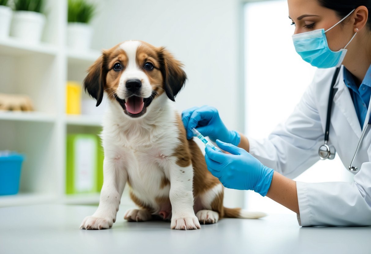 A playful puppy receiving a leptospirosis vaccine from a veterinarian in a bright and clean clinic setting