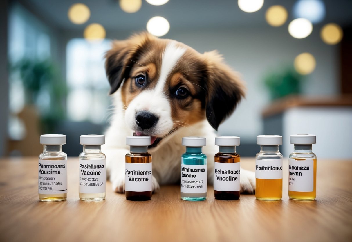 A playful puppy surrounded by eight different vaccination vials, with a focus on the parainfluenza vaccine