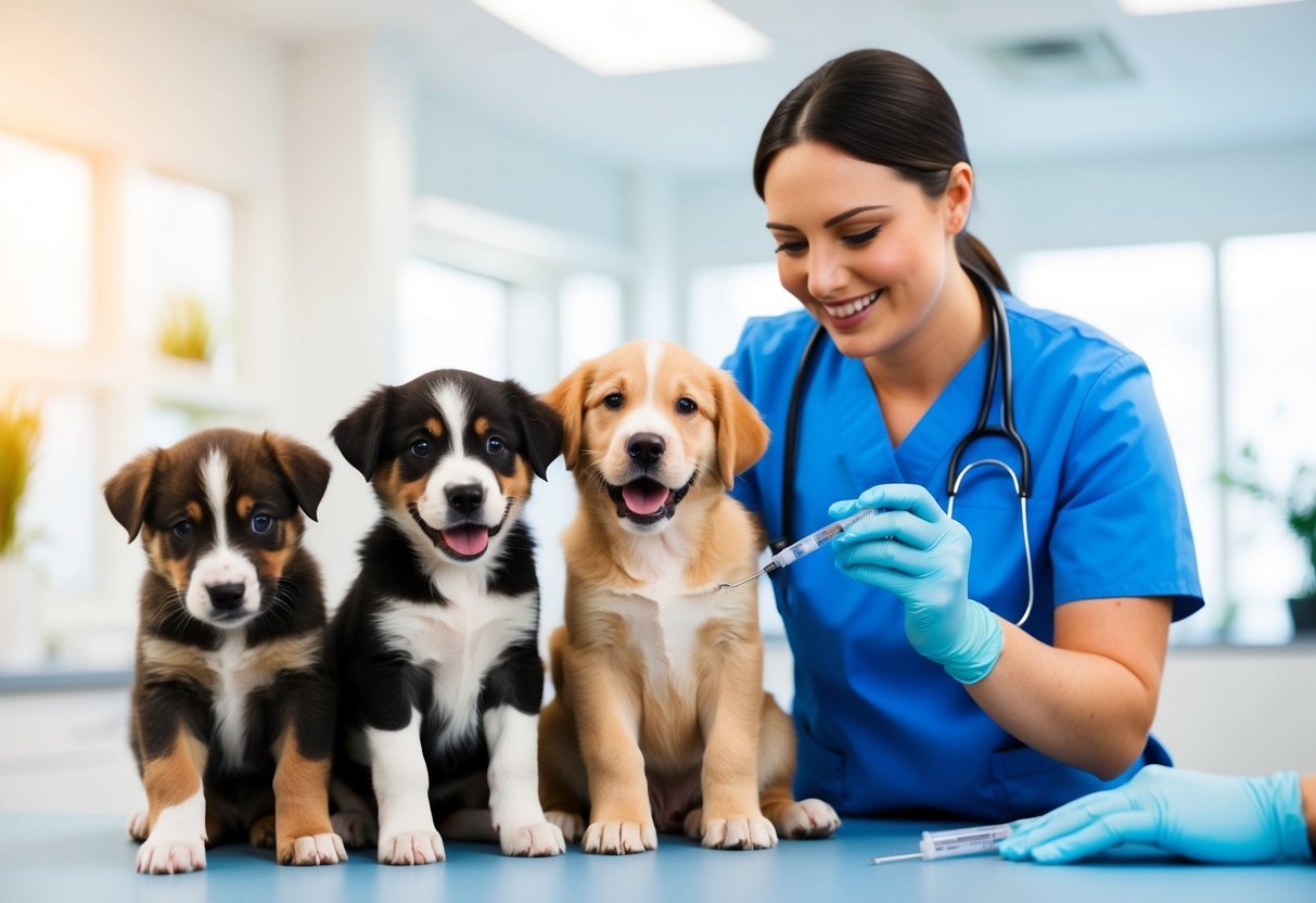 A playful litter of puppies receiving vaccinations from a caring veterinarian in a bright and clean clinic