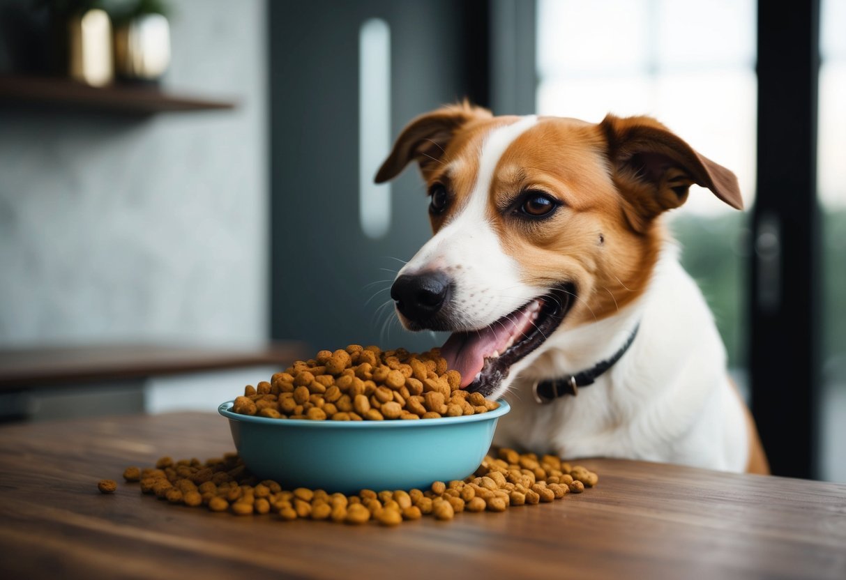 A happy dog eagerly eating from a overflowing food bowl, with a content expression on its face