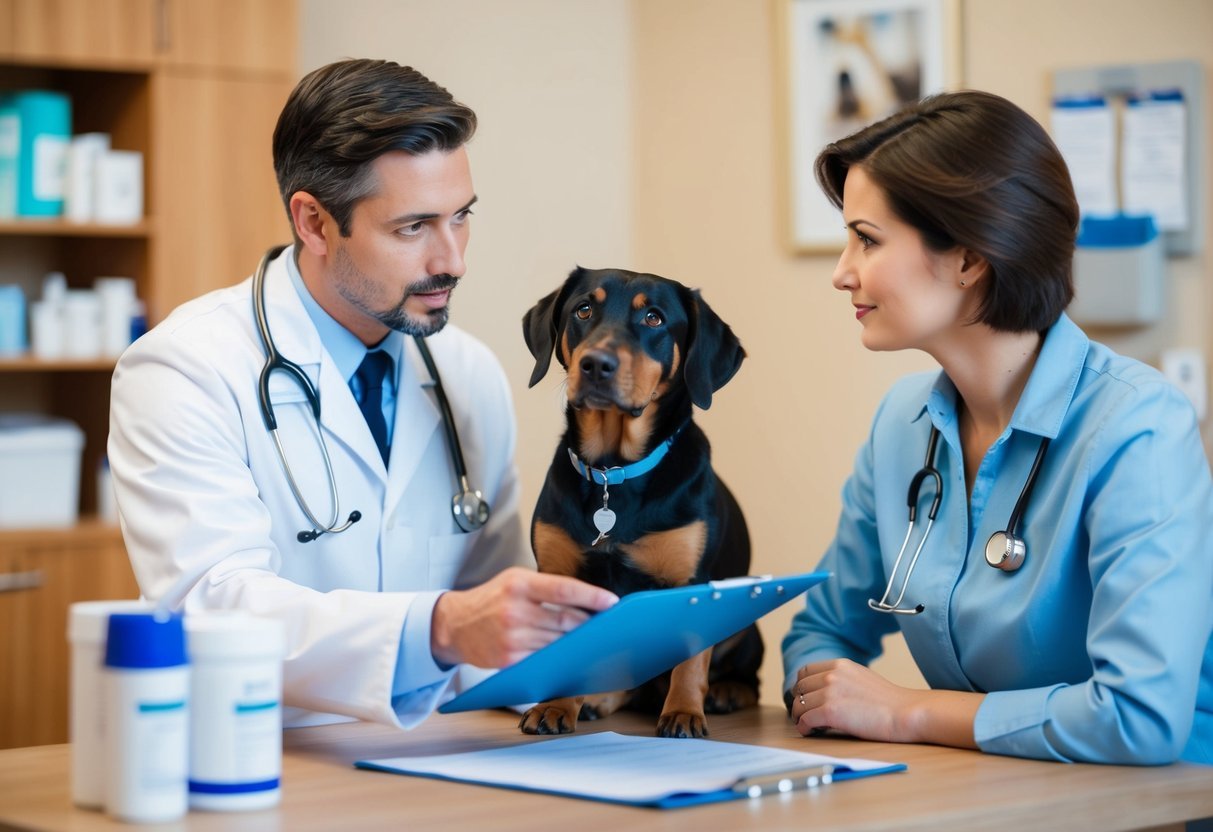 A veterinarian discussing fluoxetine with a concerned dog owner in a cozy clinic room, with a clipboard and medical supplies in the background