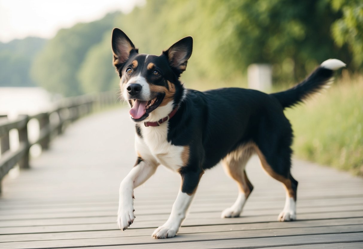 A happy dog playing in a calm, serene environment with a sense of relief and relaxation