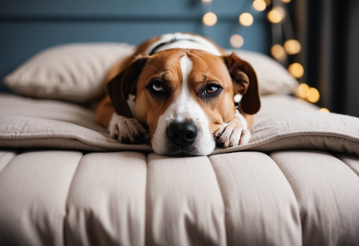 A dog lying on a cozy bed, looking anxious and restless.</p><p>Its ears are drooping, and it is panting heavily.</p><p>The surroundings are dimly lit, and there are visible signs of distress on the dog's face