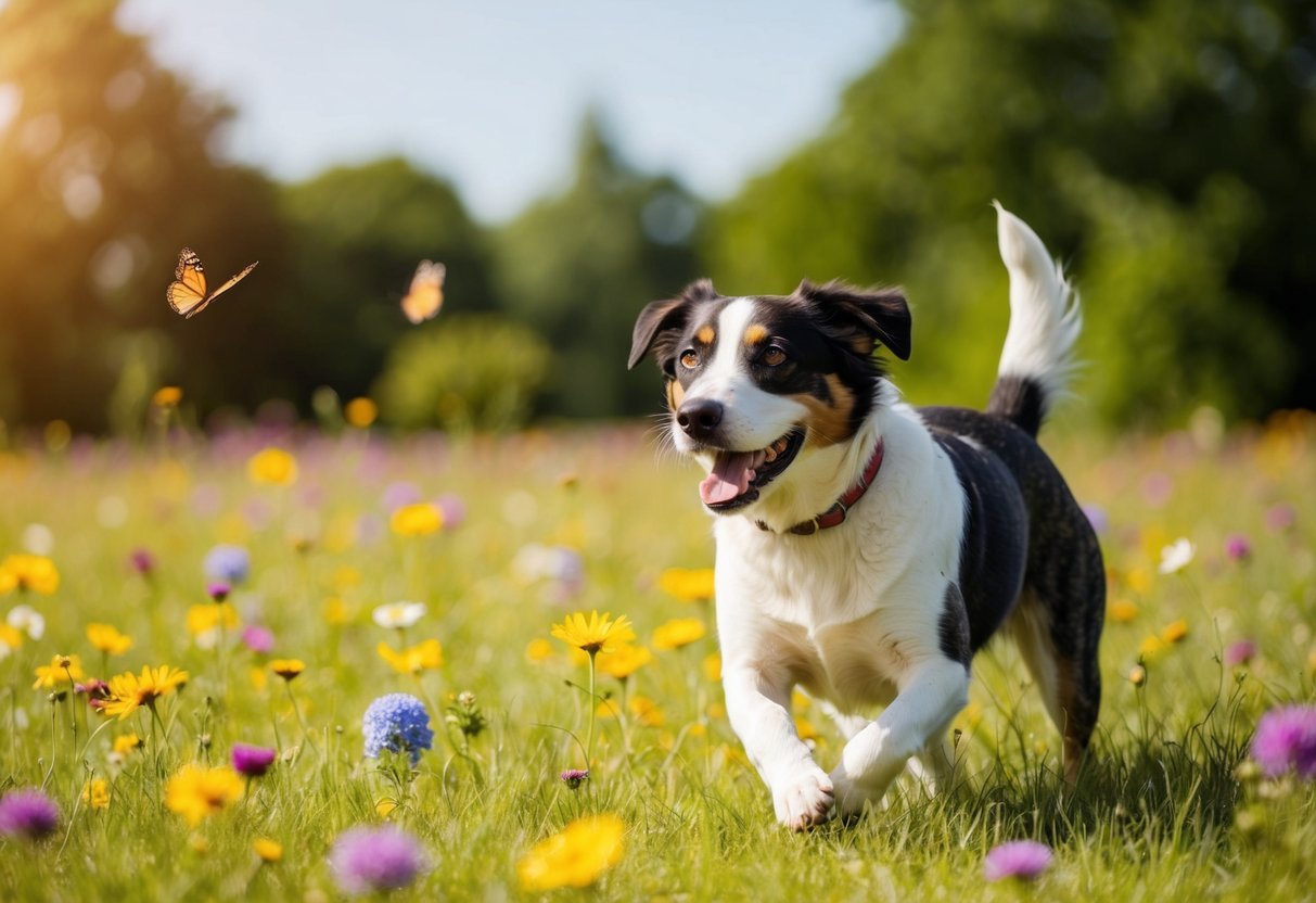 A happy dog playing in a peaceful, sunny meadow, surrounded by colorful flowers and butterflies, with a calm expression on its face