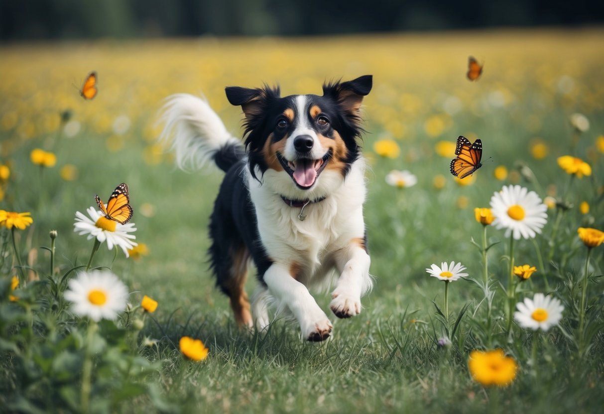 A happy dog playing in a field, surrounded by calming elements like flowers and butterflies