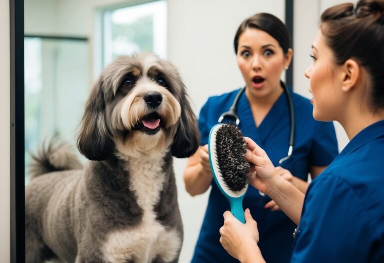 Dog at groomer, surprised vet looks at brush full of hair